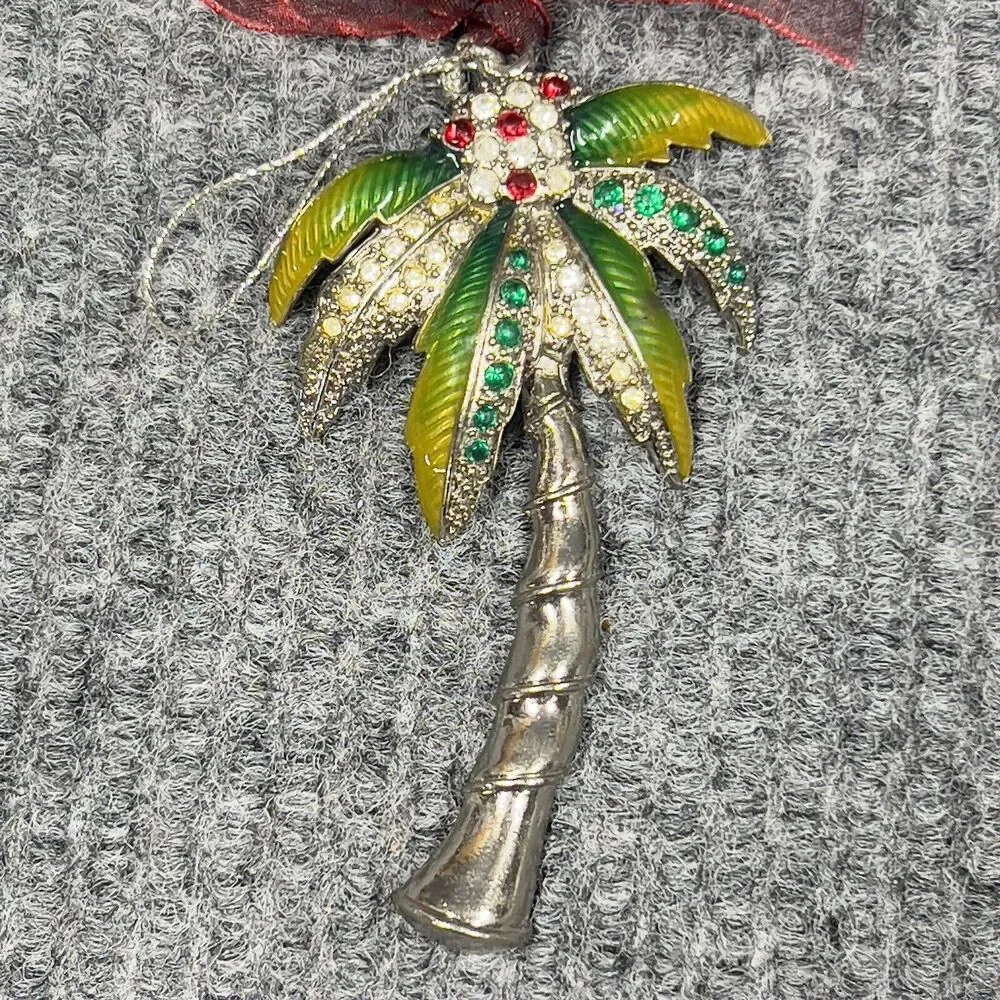 VTG Christmas Tree Ornament Cloisonne Silver Palm Tree Coconut Accents 4